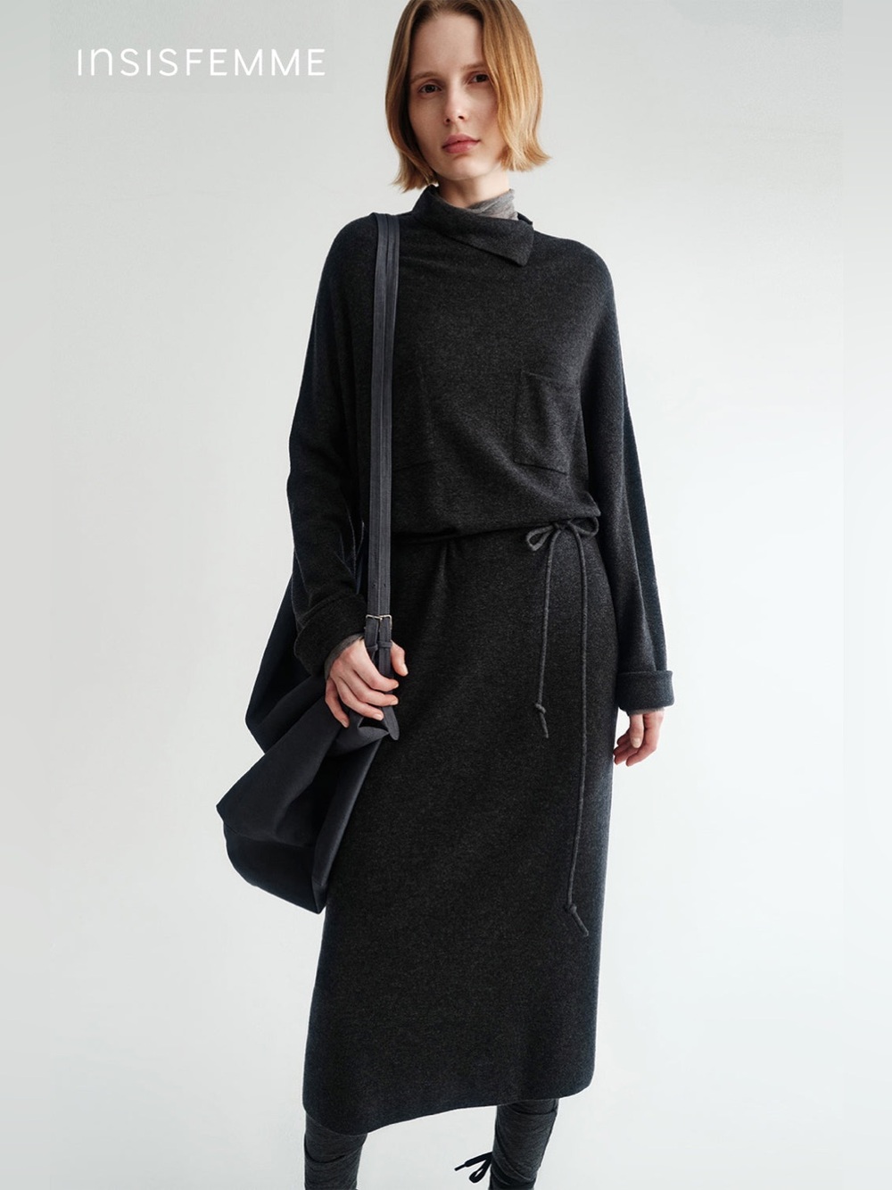 INSIS FEMME Merino Wool Midi Dress Sweater Soft Knit Patch Pockets Grey